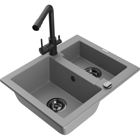 Mexen Carlos zlewozmywak granitowy 1,5-komorowy z baterią kuchenną Duero, szary - 6518-71-671600-70-B