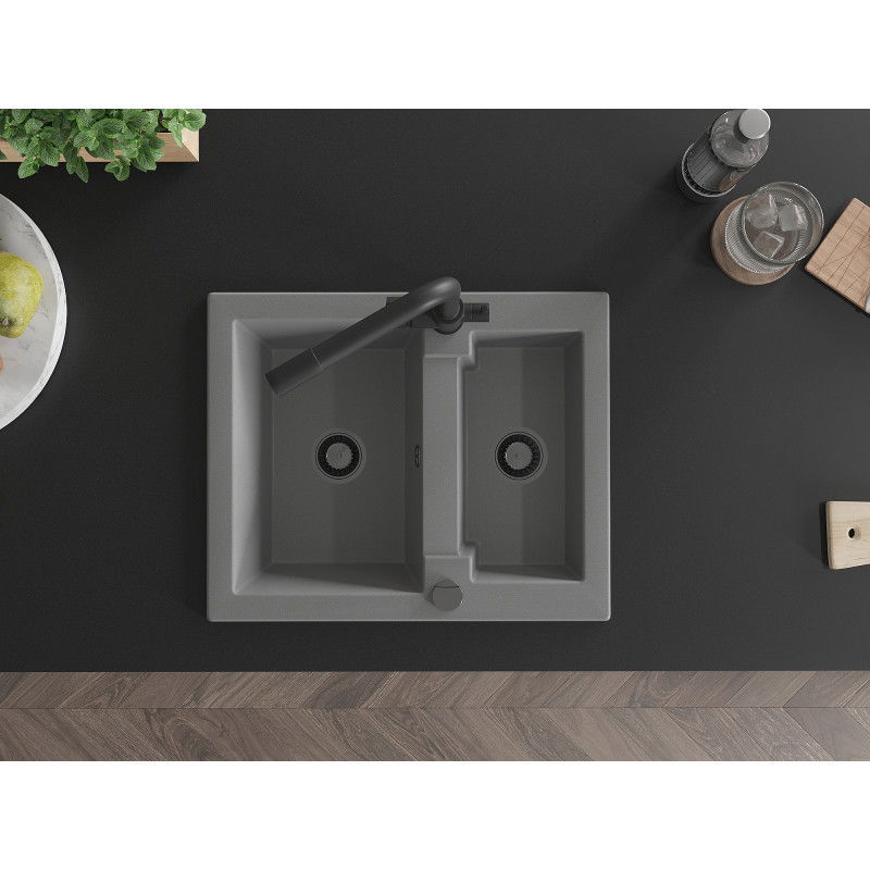 Mexen Carlos zlewozmywak granitowy 1,5-komorowy z baterią kuchenną Duero, szary - 6518-71-671600-70-B
