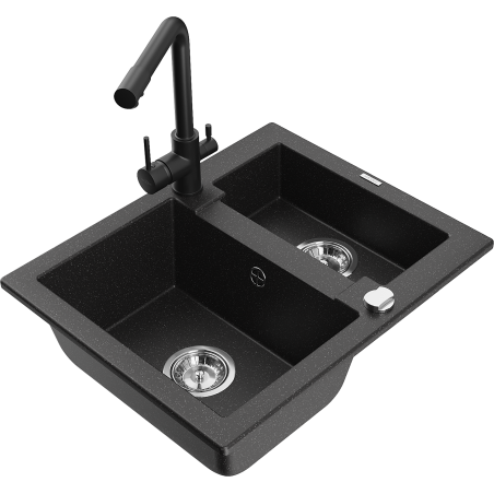 Mexen Carlos zlewozmywak granitowy 1,5-komorowy z baterią kuchenną Duero, czarny/srebrny metalik - 6518-73-671600-70