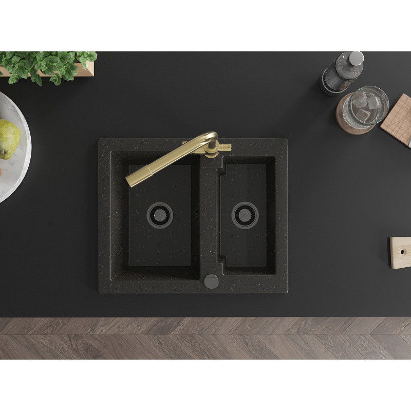 Mexen Carlos zlewozmywak granitowy 1,5-komorowy z baterią kuchenną Duero, czarny/złoty metalik - 6518-75-671600-50-B