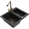 Mexen Carlos zlewozmywak granitowy 1,5-komorowy z baterią kuchenną Duero, czarny/złoty metalik - 6518-75-671600-50-B
