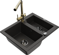 Mexen Carlos zlewozmywak granitowy 1,5-komorowy z baterią kuchenną Duero, czarny/złoty metalik - 6518-75-671600-50-B