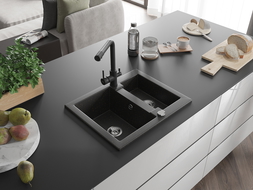 Mexen Carlos zlewozmywak granitowy 1,5-komorowy z baterią kuchenną Duero, czarny/złoty metalik - 6518-75-671600-70