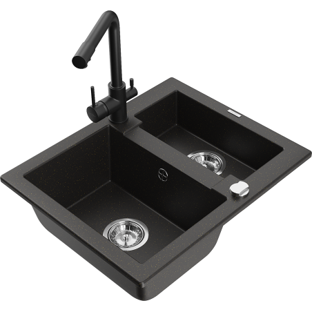 Mexen Carlos zlewozmywak granitowy 1,5-komorowy z baterią kuchenną Duero, czarny/złoty metalik - 6518-75-671600-70
