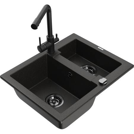 Mexen Carlos zlewozmywak granitowy 1,5-komorowy z baterią kuchenną Duero, czarny/złoty metalik - 6518-75-671600-70-B