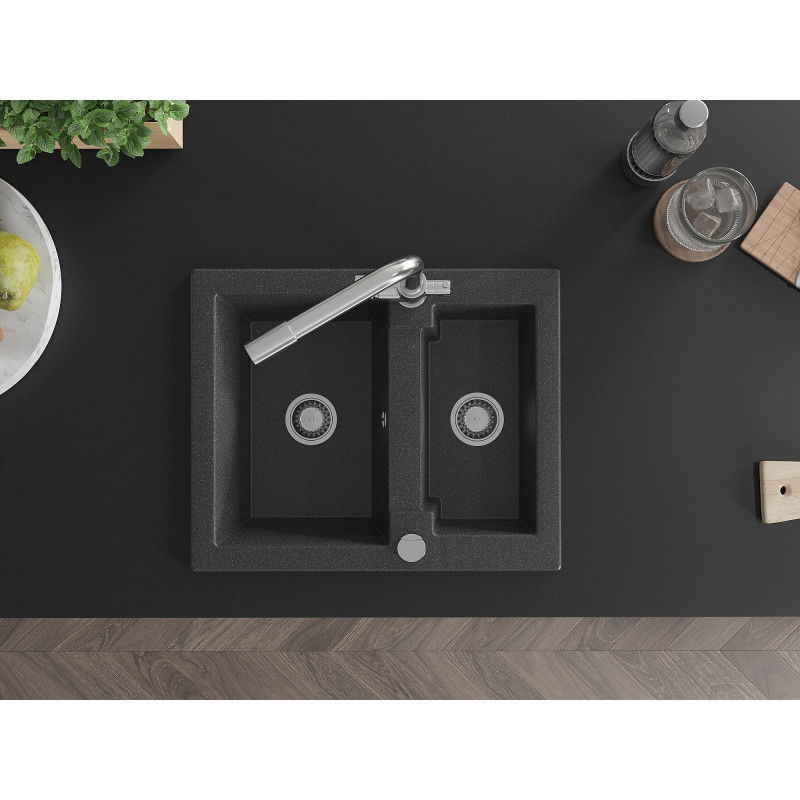 Mexen Carlos zlewozmywak granitowy 1,5-komorowy z baterią kuchenną Duero, czarny nakrapiany - 6518-76-671600-00