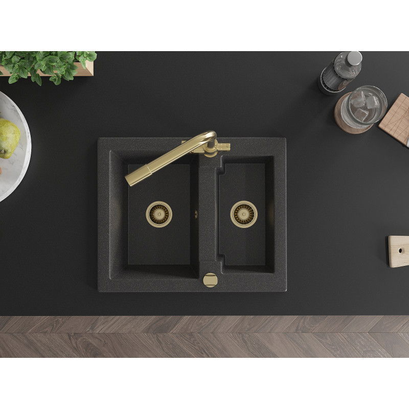 Mexen Carlos zlewozmywak granitowy 1,5-komorowy z baterią kuchenną Duero, czarny nakrapiany - 6518-76-671600-50