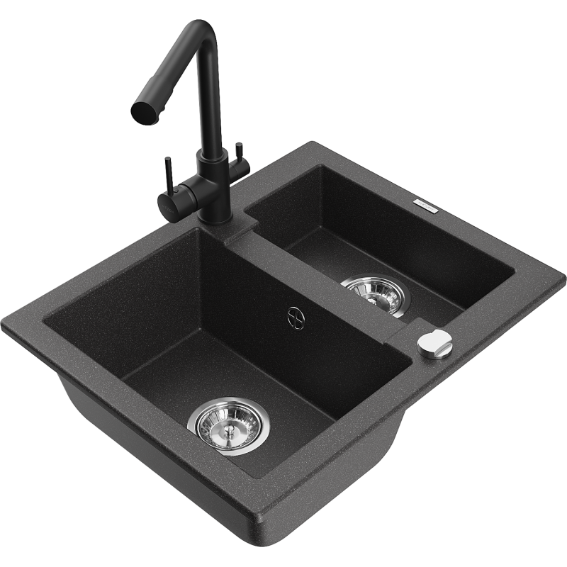 Mexen Carlos zlewozmywak granitowy 1,5-komorowy z baterią kuchenną Duero, czarny nakrapiany - 6518-76-671600-70