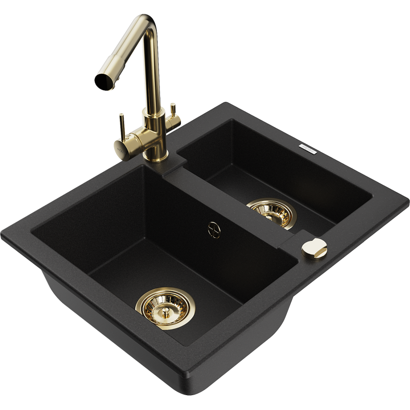 Mexen Carlos zlewozmywak granitowy 1,5-komorowy z baterią kuchenną Duero, czarny - 6518-77-671600-50