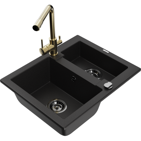 Mexen Carlos zlewozmywak granitowy 1,5-komorowy z baterią kuchenną Duero, czarny - 6518-77-671600-50-B