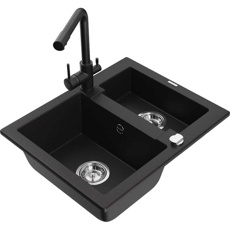 Mexen Carlos zlewozmywak granitowy 1,5-komorowy z baterią kuchenną Duero, czarny - 6518-77-671600-70
