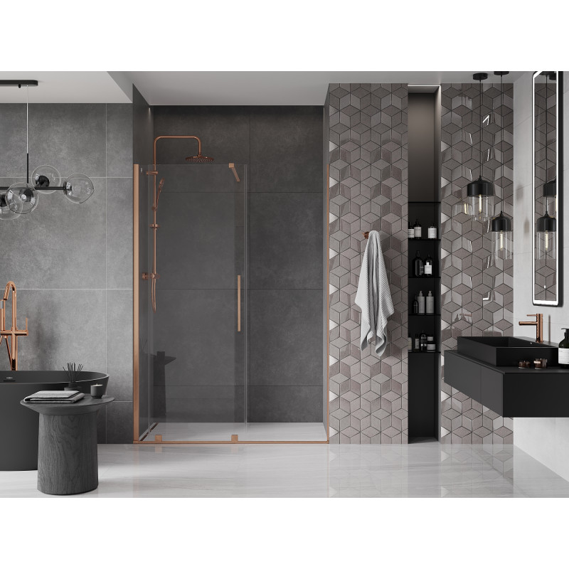 Mexen Velar drzwi prysznicowe rozsuwane 130 cm, transparent, miedź szczotkowana - 871-130-000-01-65