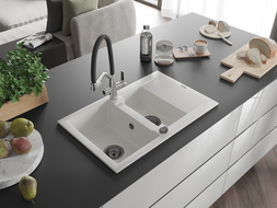 Mexen Gaspar zlewozmywak granitowy 1,5-komorowy z ociekaczem i baterią kuchenną Duo, biały - 6507-20-671701-07-B