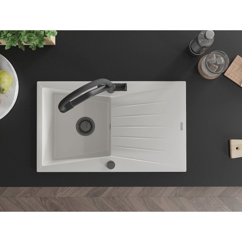 Mexen Cesar zlewozmywak granitowy 1-komorowy z ociekaczem i baterią kuchenną Duo, biały - 6514-20-671701-70-B