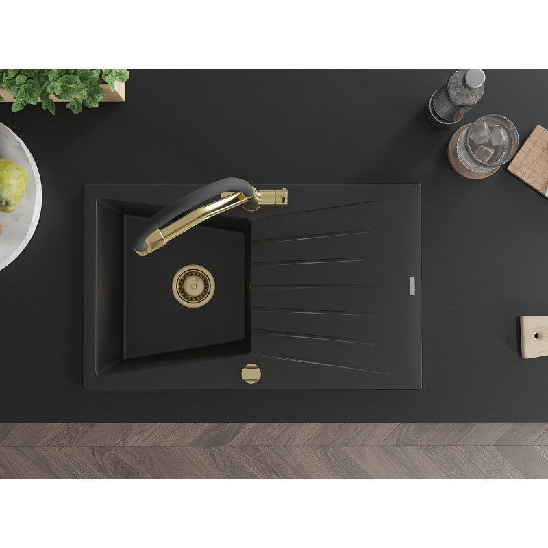 Mexen Cesar zlewozmywak granitowy 1-komorowy z ociekaczem i baterią kuchenną Duo, czarny - 6514-77-671701-57-G