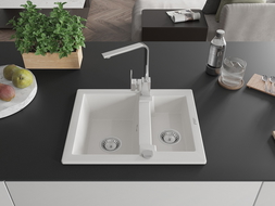 Mexen Carlos zlewozmywak granitowy 1,5-komorowy z baterią kuchenną Rita, biały - 6518-20-670300-00