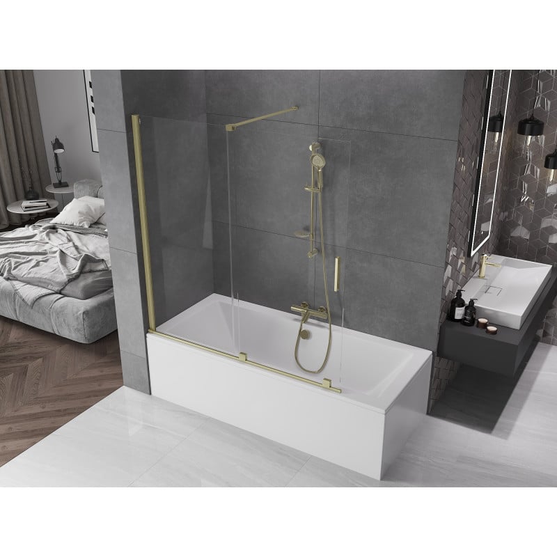 Mexen Velar parawan nawannowy 2-skrzydłowy rozsuwany 150 x 150 cm, transparent, złoty szczotkowany - 896-150-000-01-55