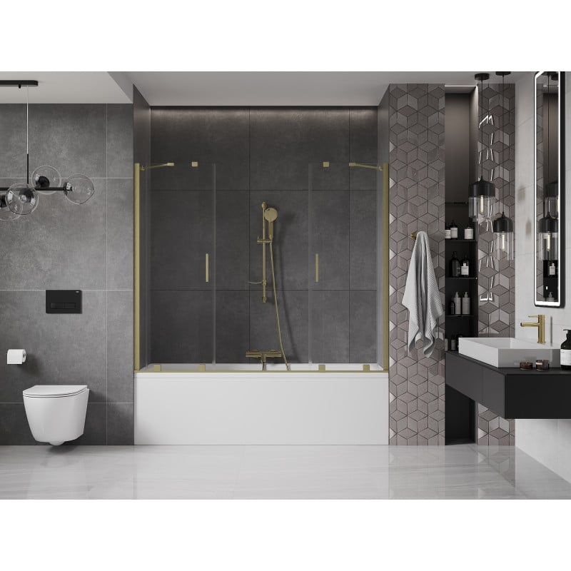 Mexen Velar Duo parawan nawannowy 2-skrzydłowy rozsuwany 200 x 150 cm, transparent, złoty szczotkowany - 896-200-000-02-55