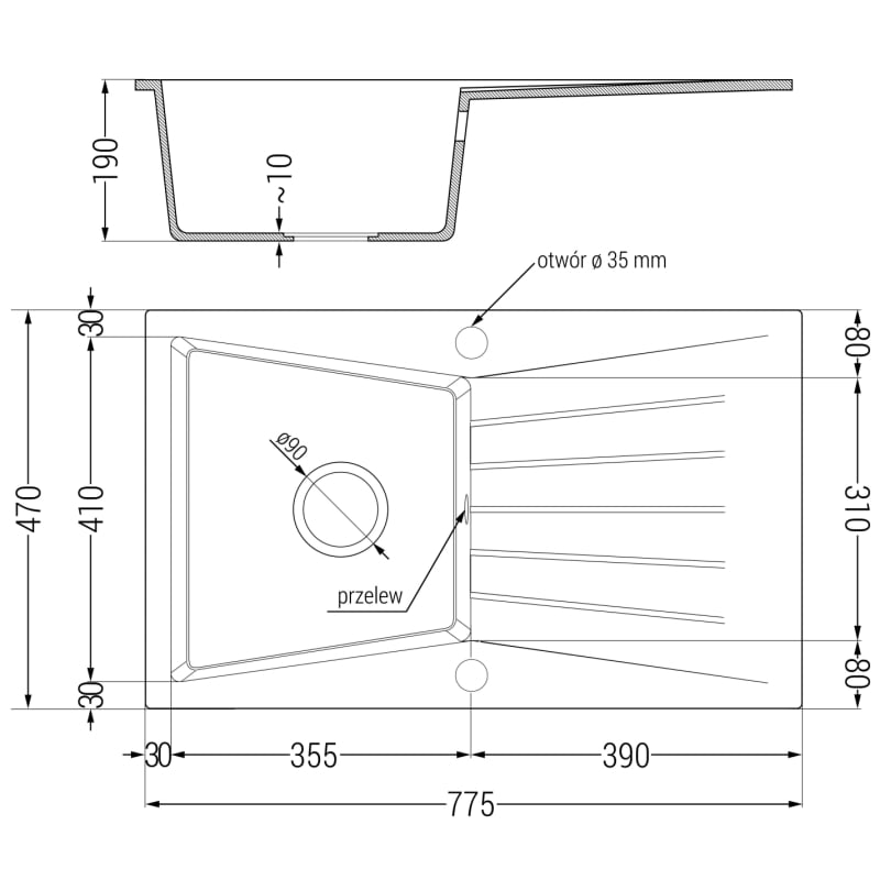 Mexen Cesar zlewozmywak granitowy 1-komorowy z ociekaczem 775 x 470 mm, czarny, syfon chrom - 6514771010-77
