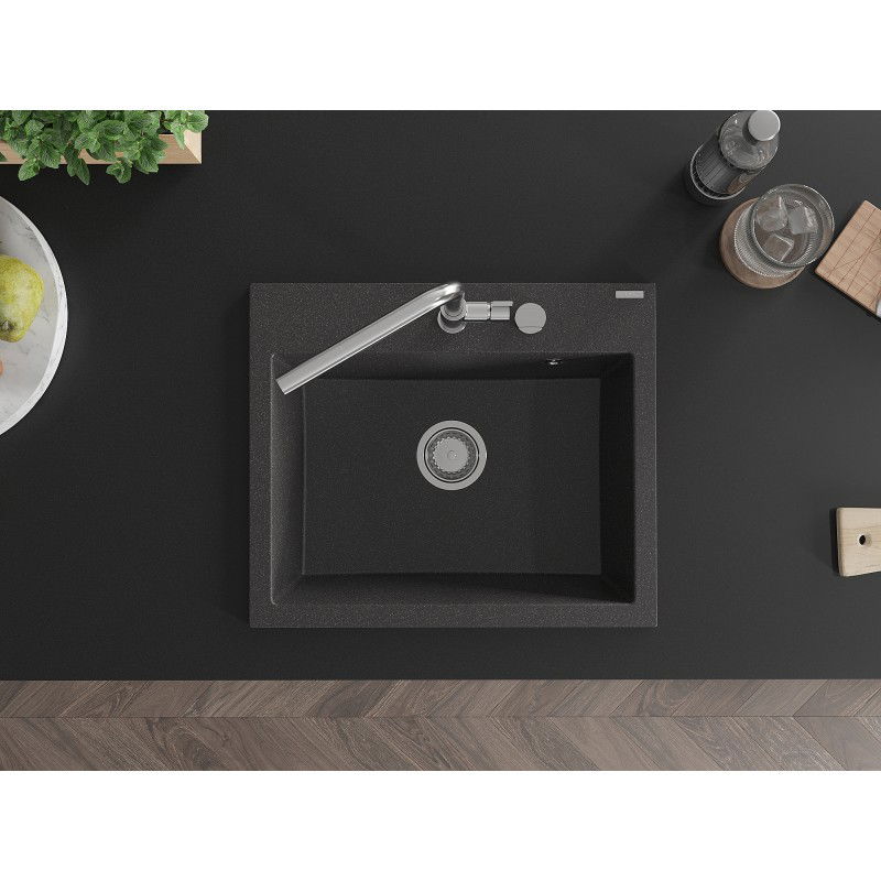 Mexen Oscar zlewozmywak granitowy 1-komorowy 580 x 490 mm, czarny nakrapiany, syfon chrom - 6519581000-76