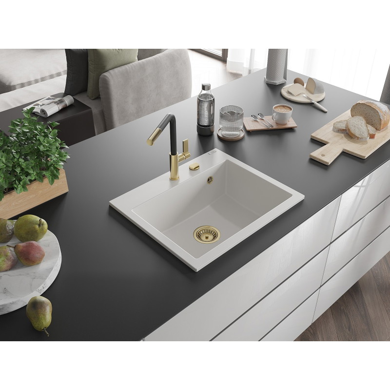 Mexen Oscar zlewozmywak granitowy 1-komorowy 580 x 490 mm, biały, syfon złoty - 6519581000-20-G