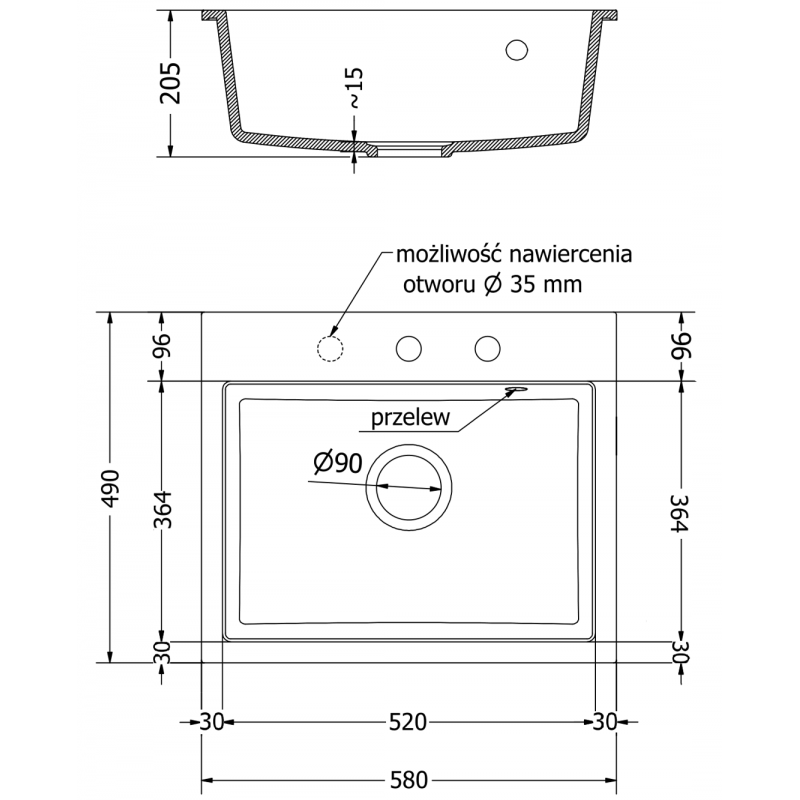 Mexen Oscar zlewozmywak granitowy 1-komorowy 580 x 490 mm, czarny/złoty metalik, syfon złoty - 6519581000-75-G