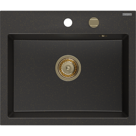 Mexen Oscar zlewozmywak granitowy 1-komorowy 580 x 490 mm, czarny/złoty metalik, syfon złoty - 6519581000-75-G