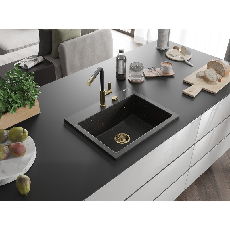 Mexen Oscar zlewozmywak granitowy 1-komorowy 580 x 490 mm, czarny/złoty metalik, syfon złoty - 6519581000-75-G