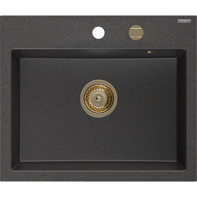 Mexen Oscar zlewozmywak granitowy 1-komorowy 580 x 490 mm, czarny nakrapiany, syfon złoty - 6519581000-76-G
