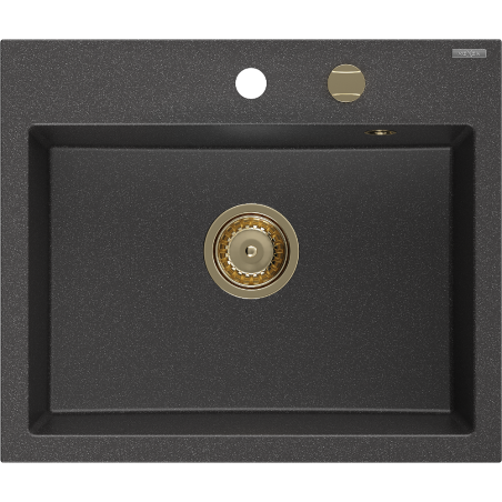 Mexen Oscar zlewozmywak granitowy 1-komorowy 580 x 490 mm, czarny nakrapiany, syfon złoty - 6519581000-76-G