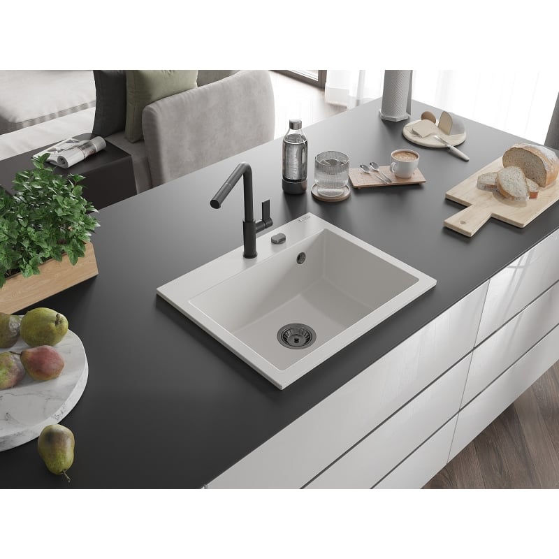 Mexen Oscar zlewozmywak granitowy 1-komorowy 580 x 490 mm, biały, syfon czarny - 6519581000-20-B