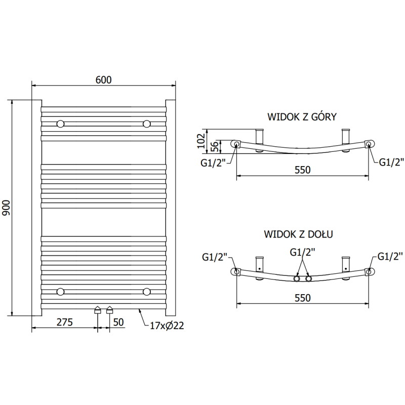 Mexen Ares grzejnik łazienkowy 900 x 600 mm, 342 W, chrom - W102-0900-600-00-01