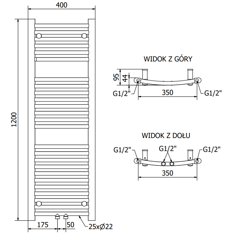 Mexen Ares grzejnik łazienkowy 1200 x 400 mm, 442 W, antracyt - W102-1200-400-00-66
