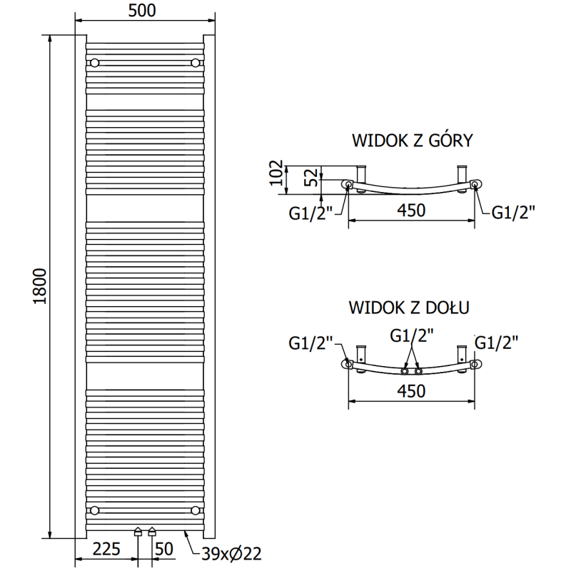 Mexen Ares grzejnik łazienkowy 1800 x 500 mm, 647 W, chrom - W102-1800-500-00-01