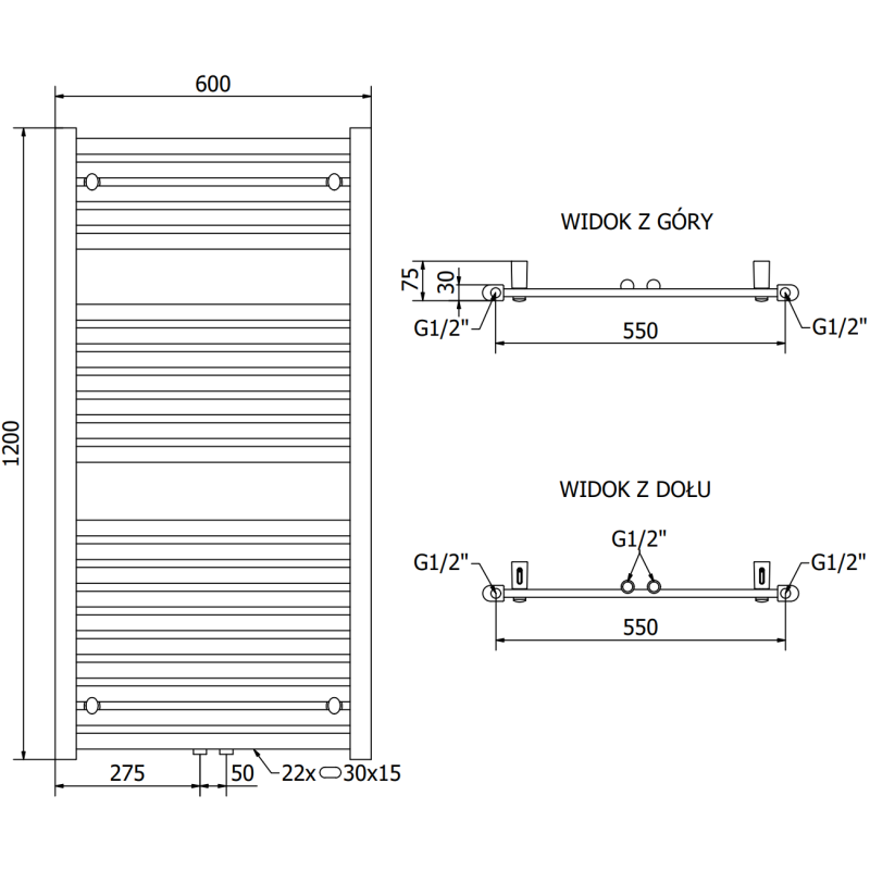 Mexen Hades grzejnik łazienkowy 1200 x 600 mm, 667 W, antracyt - W104-1200-600-00-66