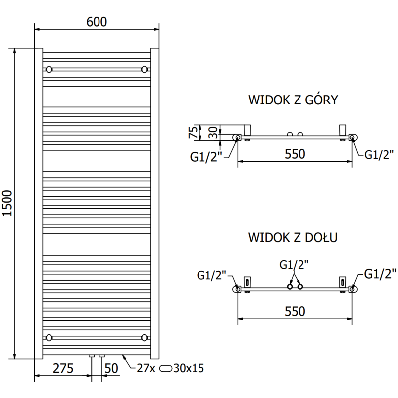 Mexen Hades grzejnik łazienkowy 1500 x 600 mm, 812 W, antracyt - W104-1500-600-00-66