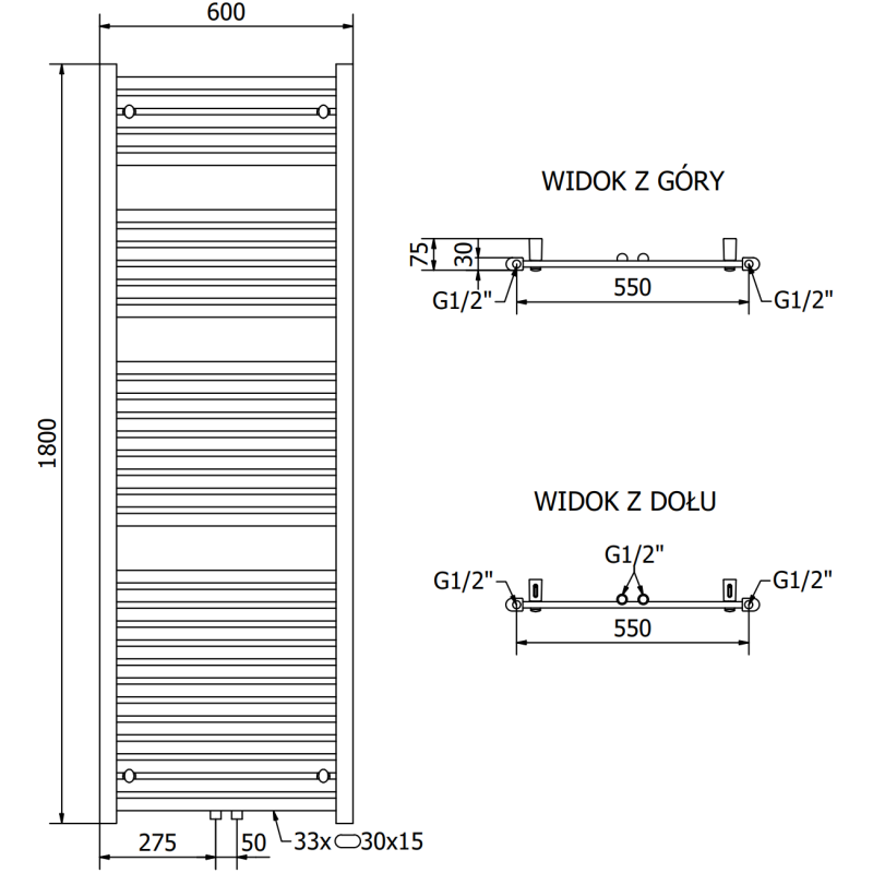 Mexen Hades grzejnik łazienkowy 1800 x 600 mm, 1000 W, antracyt - W104-1800-600-00-66