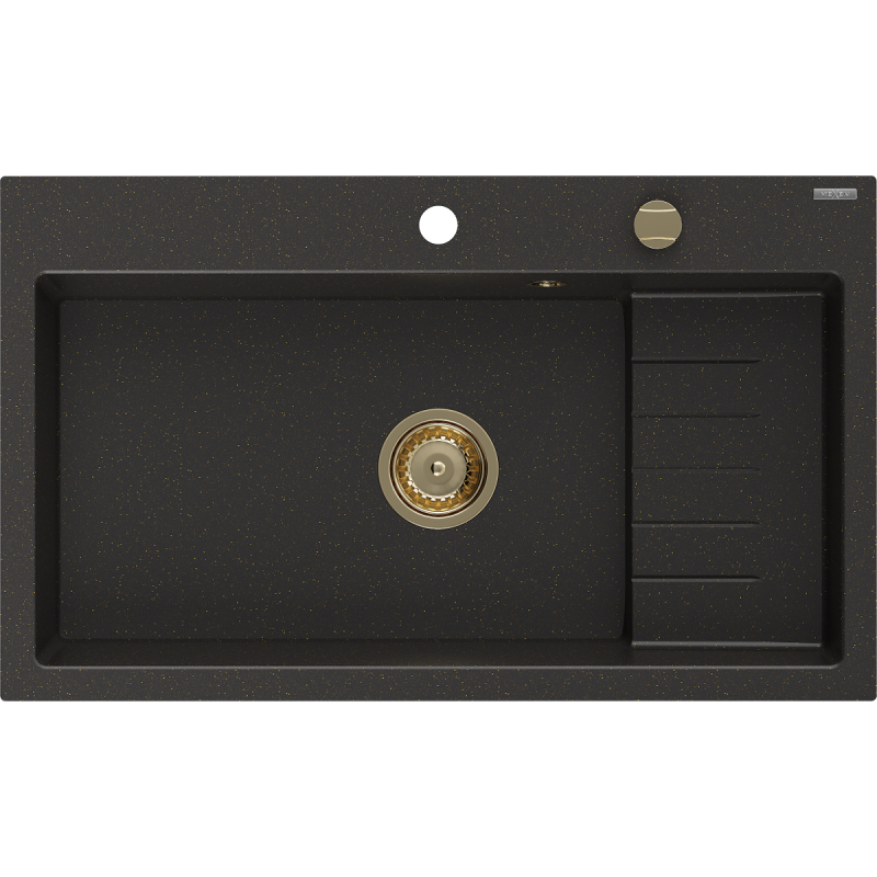 Mexen Omar zlewozmywak granitowy 1-komorowy 800 x 480 mm, czarny/złoty metalik, syfon złoty - 6520801005-75-G