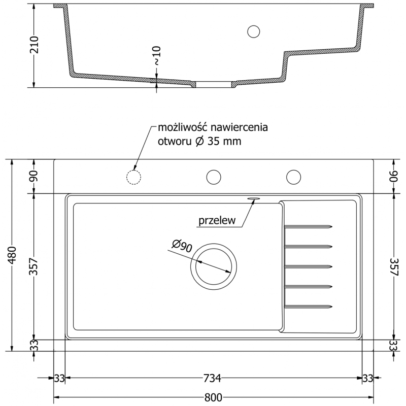 Mexen Omar zlewozmywak granitowy 1-komorowy 800 x 480 mm, czarny nakrapiany, syfon złoty - 6520801005-76-G