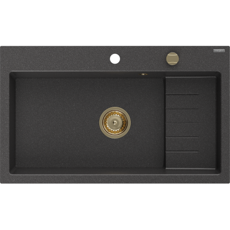 Mexen Omar zlewozmywak granitowy 1-komorowy 800 x 480 mm, czarny nakrapiany, syfon złoty - 6520801005-76-G