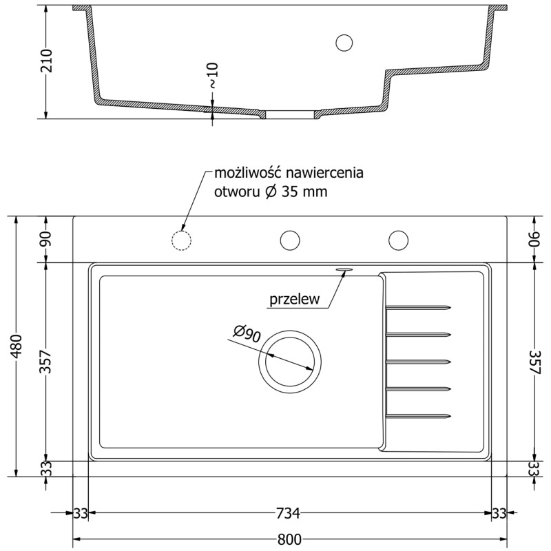Mexen Omar zlewozmywak granitowy 1-komorowy 800 x 480 mm, czarny/złoty metalik, syfon czarny - 6520801005-75-B