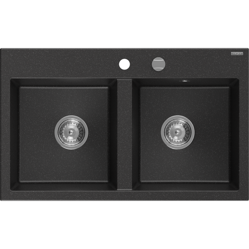 Mexen Hektor zlewozmywak granitowy 2-komorowy 800 x 480 mm, czarny/srebrny metalik, syfon chrom - 6521802000-73
