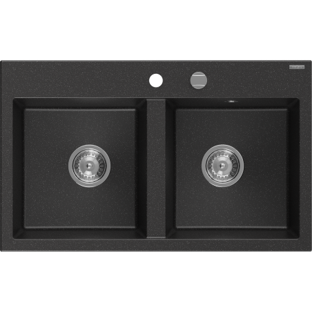 Mexen Hektor zlewozmywak granitowy 2-komorowy 800 x 480 mm, czarny/srebrny metalik, syfon chrom - 6521802000-73