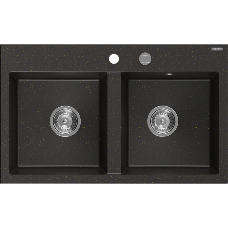 Mexen Hektor zlewozmywak granitowy 2-komorowy 800 x 480 mm, czarny/złoty metalik, syfon chrom - 6521802000-75