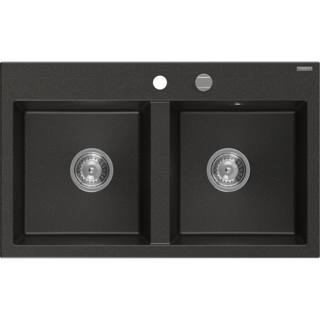 Mexen Hektor zlewozmywak granitowy 2-komorowy 800 x 480 mm, czarny/złoty metalik, syfon chrom - 6521802000-75