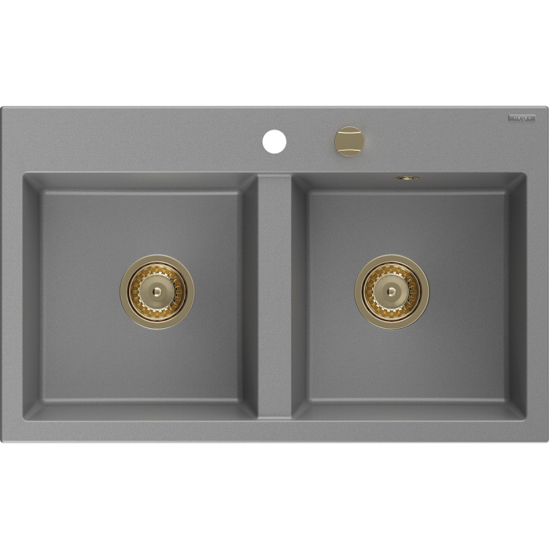 Mexen Hektor zlewozmywak granitowy 2-komorowy 800 x 480 mm, szary, syfon złoty - 6521802000-71-G