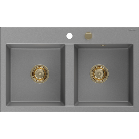 Mexen Hektor zlewozmywak granitowy 2-komorowy 800 x 480 mm, szary, syfon złoty - 6521802000-71-G