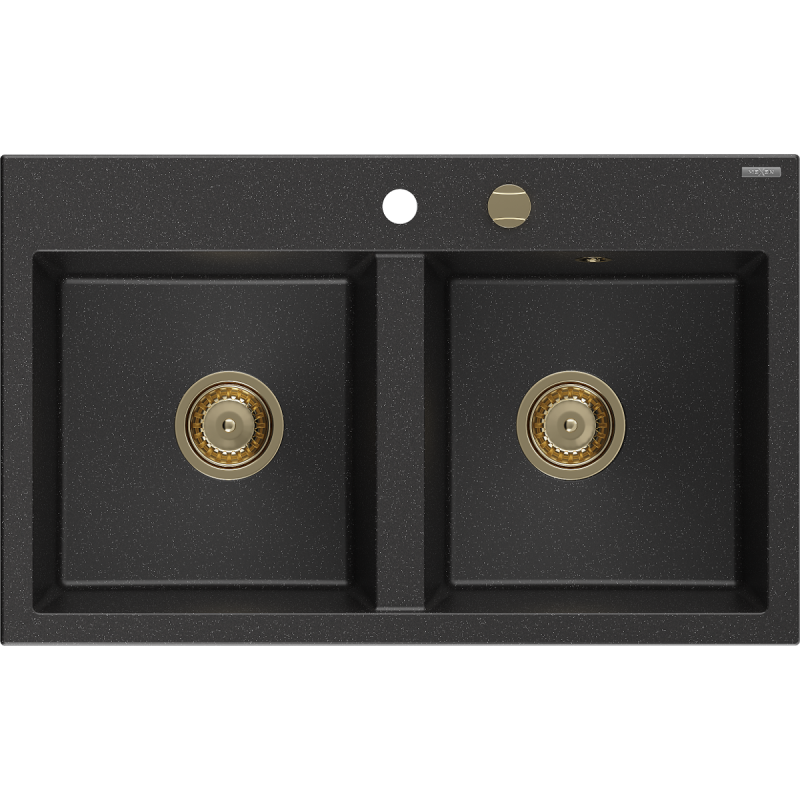 Mexen Hektor zlewozmywak granitowy 2-komorowy 800 x 480 mm, czarny/srebrny metalik, syfon złoty - 6521802000-73-G