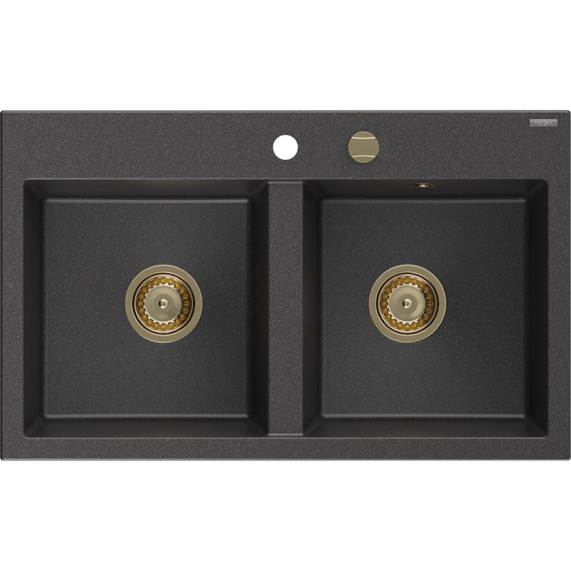 Mexen Hektor zlewozmywak granitowy 2-komorowy 800 x 480 mm, czarny nakrapiany, syfon złoty - 6521802000-76-G
