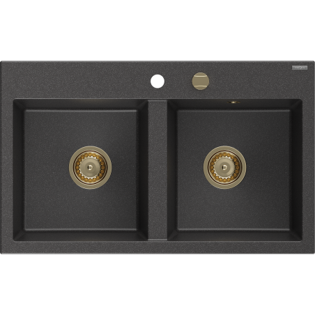 Mexen Hektor zlewozmywak granitowy 2-komorowy 800 x 480 mm, czarny nakrapiany, syfon złoty - 6521802000-76-G